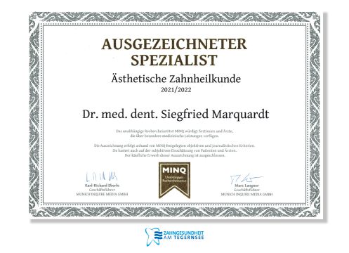 MINQ Urkunde Ästhetische Zahnheilkunde 2021