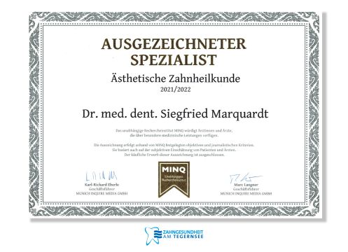 MINQ Urkunde Ästhetische Zahnheilkunde 2021